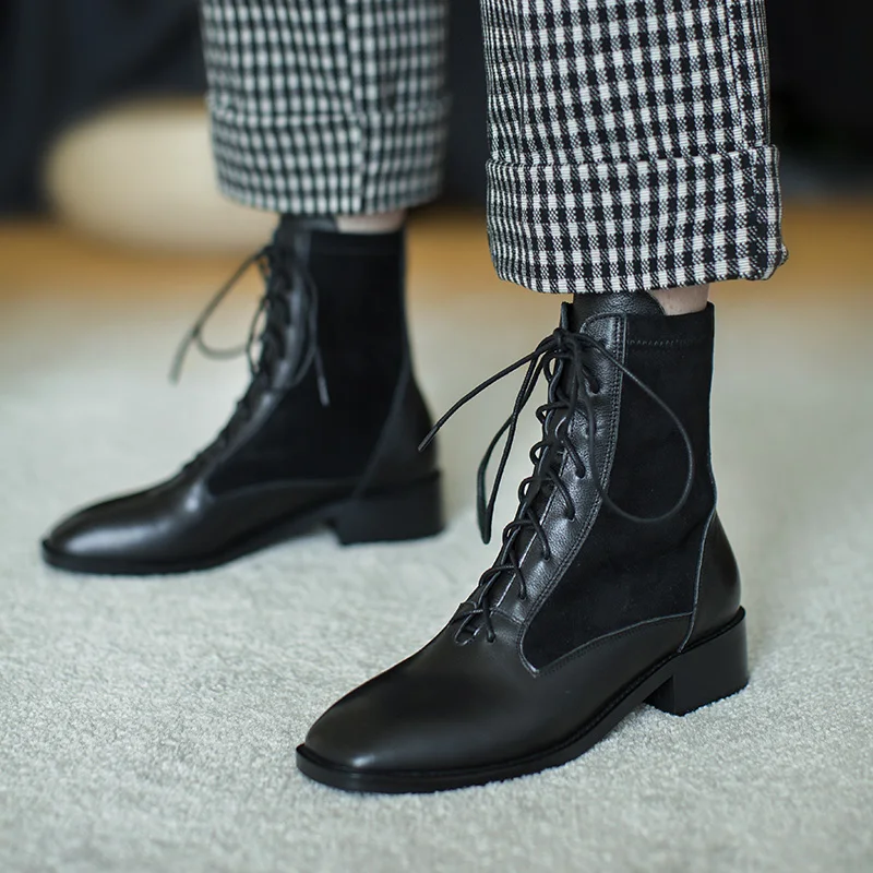 

Genuine Cow Leather Martin boots women's thick-soled autumn 2020 new British style women lace-up square toe ankle boots