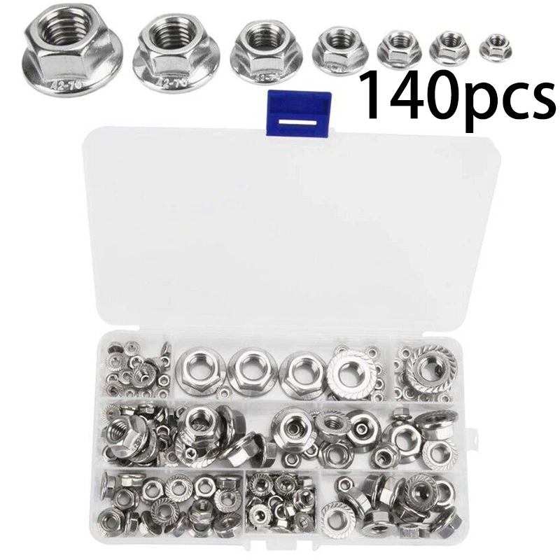140pcs Set Thread Nut Silver Stainless Steel Hex Flange Lock Assortment M3-M6/M8/M10/M12 Nut Bolt Set Equipment
140pcs Set Thread Nut Silver Stainless Steel Hex Flange Lock Assortment M3-M6/M8/M10/M12 Nut Bolt Set Equipment