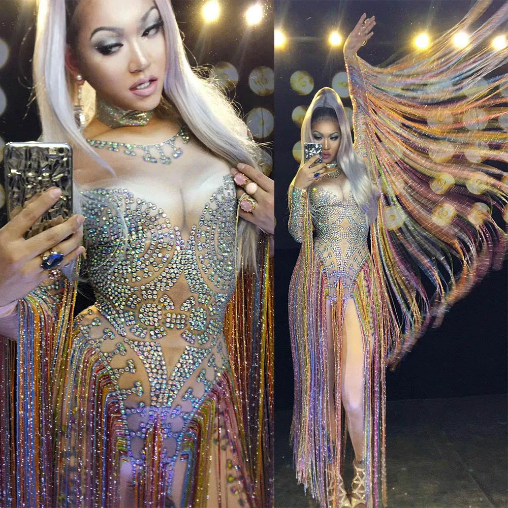 

Personality Performance Costume Ladies Multicolor Long Fringes Bodysuit Rhinestones Shining Bodycon Nightclub Outfit Stage Wear