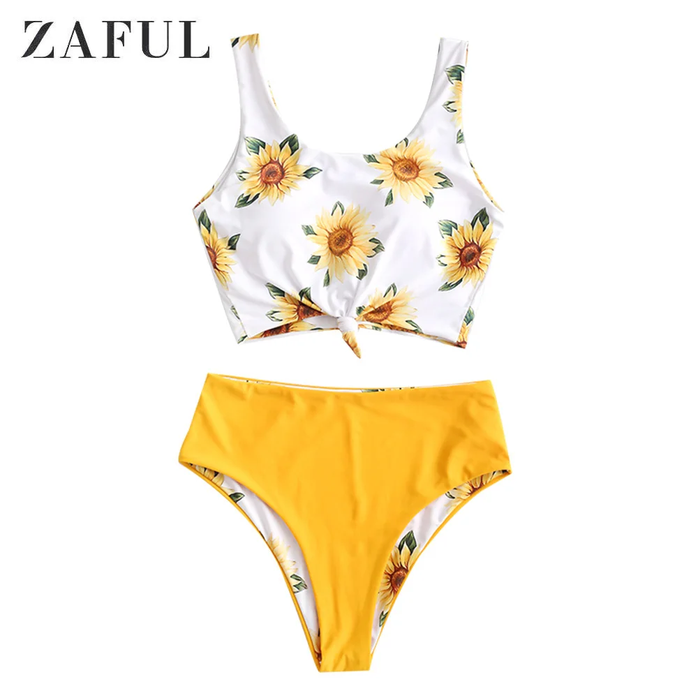 

ZAFUL Sunflower Knot Reversible High Waisted Tankini Swimsuit Women Scoop Neck Crop Top Swimwear Summer Fashion Bathing Suits