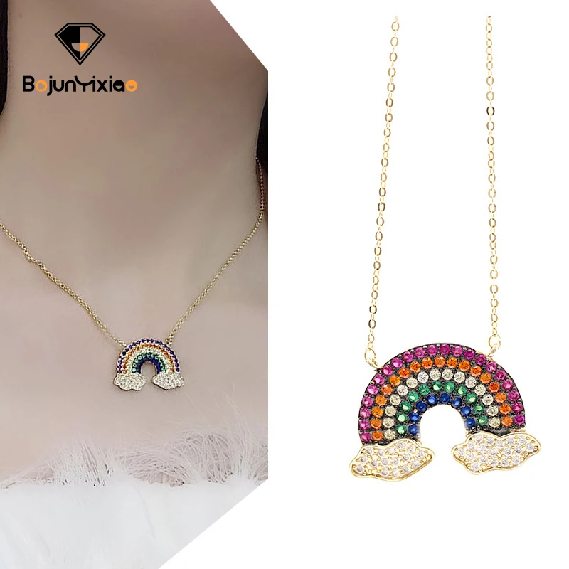

Rainbow necklace with colorful zircon web celebrity same style personality short style pendant clavicle chain jewelry