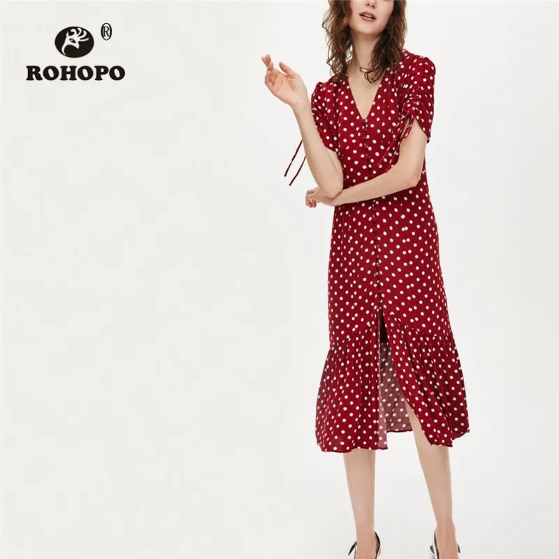 ROHOPO Draped Sleeve White Polk Dot Ruffled Red Yellow Midi Dress Buttons Fly High Waist Elegant Autumn Calf Vestido #2297
ROHOPO Draped Sleeve White Polk Dot Ruffled Red Yellow Midi Dress Buttons Fly High Waist Elegant Autumn Calf Vestido #2297