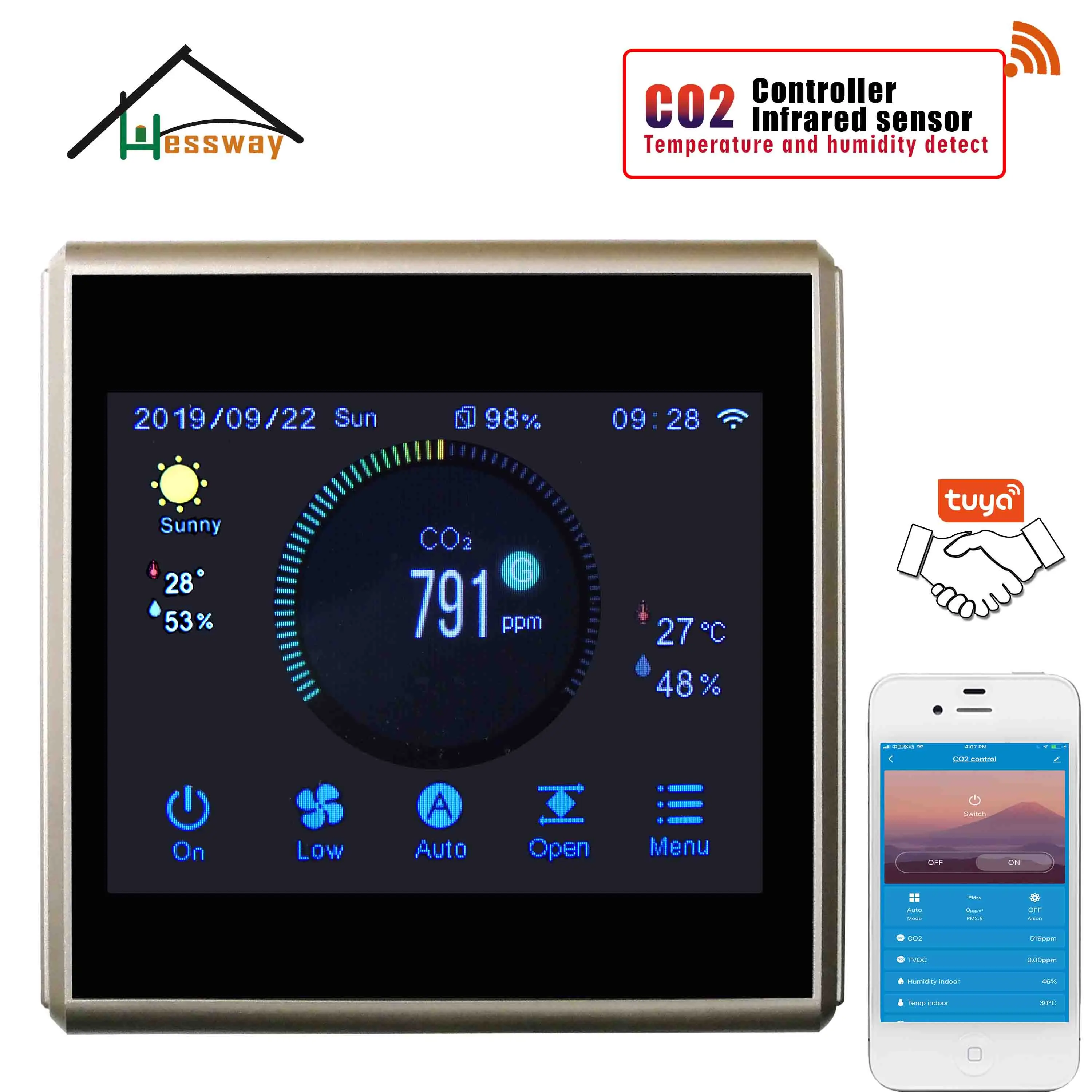 HESSWAY TUYA APP fan valve regulator air quality monitor wifi co2 detector for Color touch menu control
HESSWAY TUYA APP fan valve regulator air quality monitor wifi co2 detector for Color touch menu control