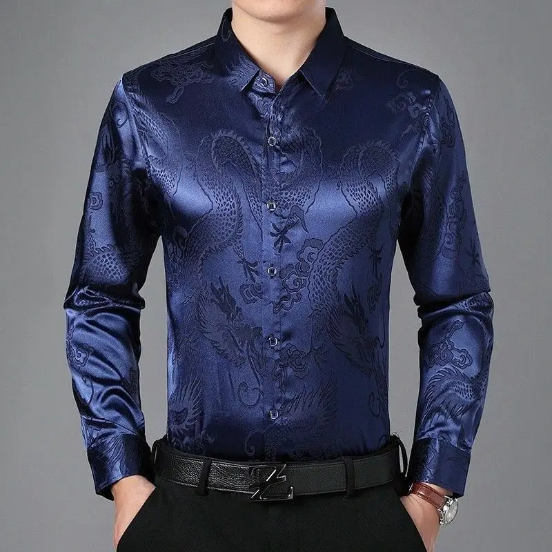 

Men Business Formal Satin Shirts Long Sleeve Blouse Faux Silk Dragon Loose Tops Autumn Winter Middle-Aged Men Simulation