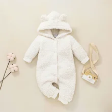 

Winter Warm Newborn Baby Plush Cartoon Romper Girls Boys Solid Color Long Sleeve Bear Ears Fluffy Hooded Jumpsuit White khaki