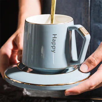 

Creative Ceramic Coffee Cup Saucer European Small Luxury Mark Cup Lid Spoon Stirring Cup Set Household Cute Mugs Travel Mug
