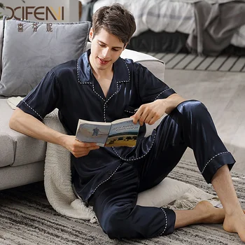 Male Summer Sleepwear Short Sleeve Long Pants Ice Silk Two-Piece Pajama Sets Navy Blue Thin Men Pyjamas Homewear 90010
Male Summer Sleepwear Short Sleeve Long Pants Ice Silk Two-Piece Pajama Sets Navy Blue Thin Men Pyjamas Homewear 90010