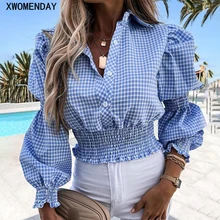 Women Plaid Chiffon Blouses With A Fluffy Long Sleeve Elegant Button Korean Fashion Crop Top Casual Blue Women's Clothing 2022
Women Plaid Chiffon Blouses With A Fluffy Long Sleeve Elegant Button Korean Fashion Crop Top Casual Blue Women's Clothing 2022