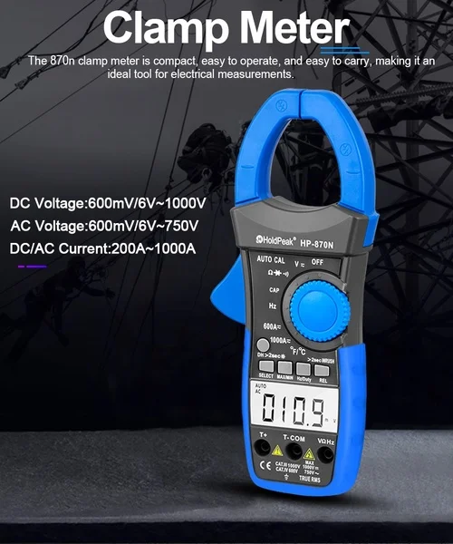 HP-870N Digital Clamp Multimeter Auto Ranging 6000 True RMS Clamp Meter AC/DC Voltage Meter (Jaw 45mm)
HP-870N Digital Clamp Multimeter Auto Ranging 6000 True RMS Clamp Meter AC/DC Voltage Meter (Jaw 45mm)