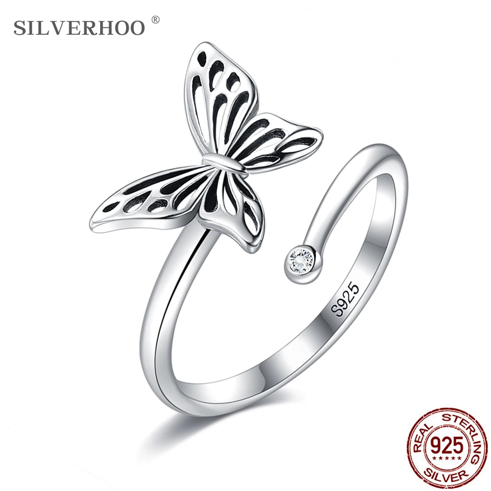 SILVERHOO серебро 925 пробы кольцо полые Fly Butterfly невероятные Регулируемые кольца для