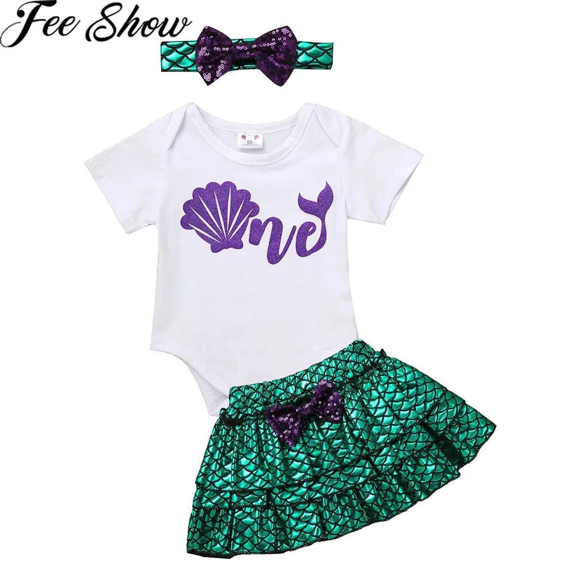 

Baby Girl One Year Sequin Mermaid Dress 1st First Birthday Party Outfit Girl Short Sleeves Romper+Tutu Dress+Headband Baby Sets