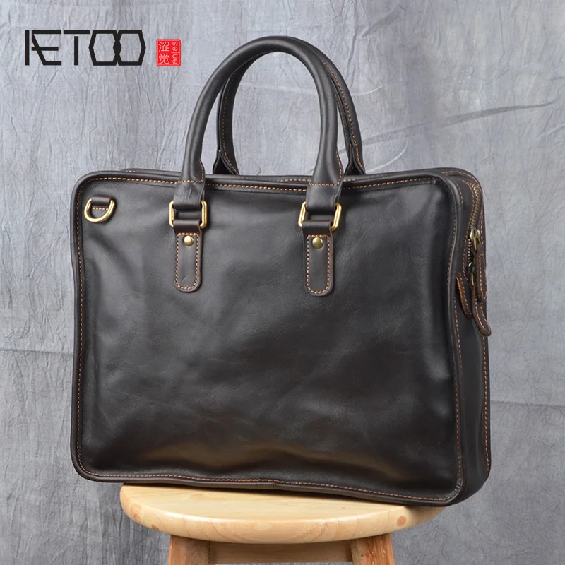 

AETOO Retro first layer leather handbag male handmade leather business briefcase crazy horse leather casual laptop bag