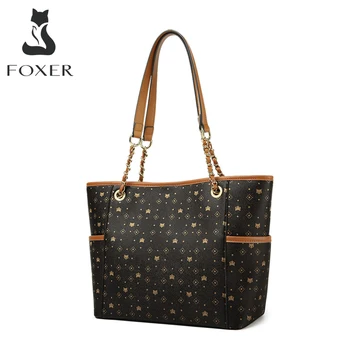 

FOXER Women 2020 Fashion PVC Monogram Tote Lady Large Capacity Signature Handbag Female Retro Printing Shoulder Bag Shopping Bag