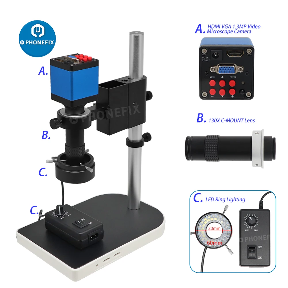 

HDMI Microscope Camera Set HD 13MP 60F/S VGA Industrial Microscope Camera + 130X C Mount Lens Adjustable LED Ring Light Lamp