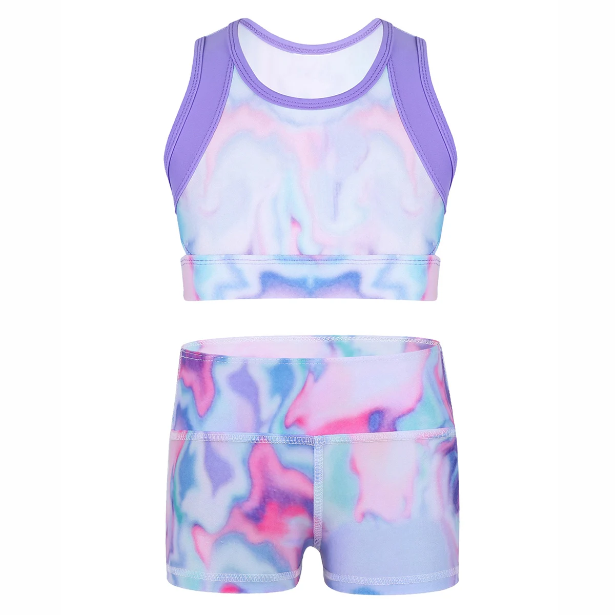 

Kids Girls Ballet Dancewear Workout Gymnastics Outfits Sleeveless Tie-Dye Tanks Bra Crop Top With Boy-cut Shorts Set Sports Suit