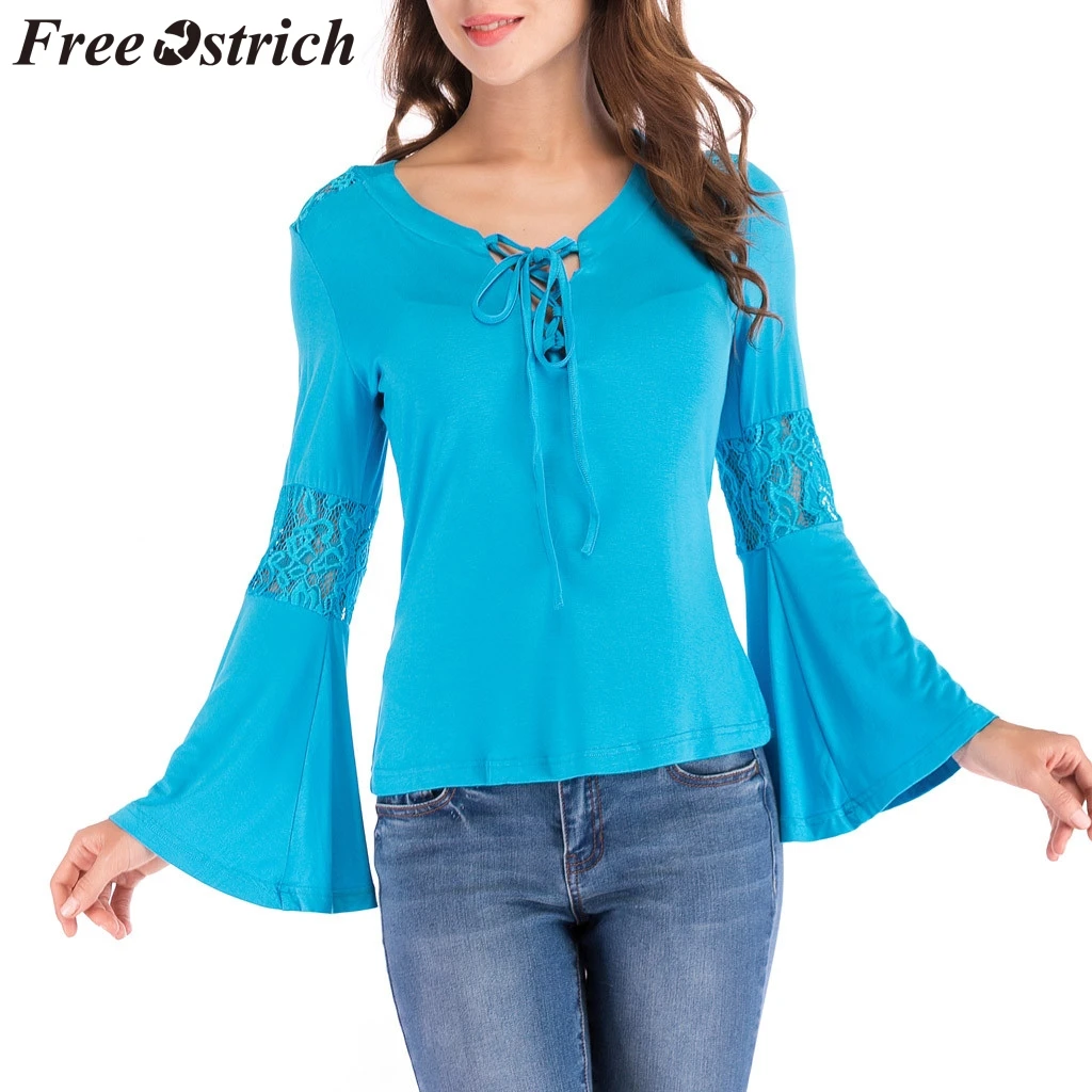 FREE OSTRICH Womens Tops And Blouses Solid Color Bandage Stitching Lace Bell Sleeve Sexy Autumn And Winter Blouses Woman 2019
FREE OSTRICH Womens Tops And Blouses Solid Color Bandage Stitching Lace Bell Sleeve Sexy Autumn And Winter Blouses Woman 2019
