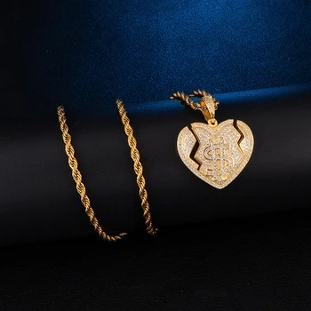 

US7 Bling Iced Out Broken Heart with Dollar Sign Pendant&Necklaces Hip Hop Micro Paved CZ Necklace Men's Jewelry Gift