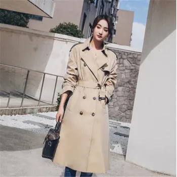 

Women Khaki Chic Cloak Trench 2019 New Spring Highstreet Workwear Double Breasted Belted Long Coat Outwear
