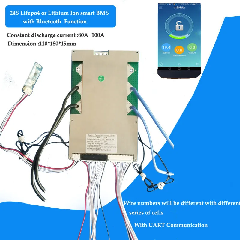 24S Lifepo4 battery APP Smart BMS with UART communication port and Li-ion battery Bluetooth PCB board with 80A Current
24S Lifepo4 battery APP Smart BMS with UART communication port and Li-ion battery Bluetooth PCB board with 80A Current