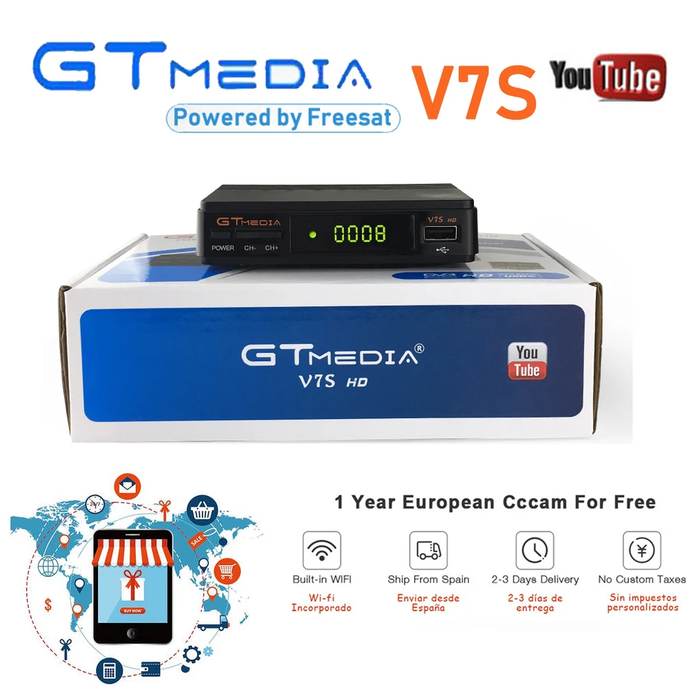 GT MEDIA Satellite TV Receiver V7S HD Receptor Support Europe 7 line Cccam for Spain DVB-S2 TV Decoder Freesat V7 Set-Top Box
GT MEDIA Satellite TV Receiver V7S HD Receptor Support Europe 7 line Cccam for Spain DVB-S2 TV Decoder Freesat V7 Set-Top Box