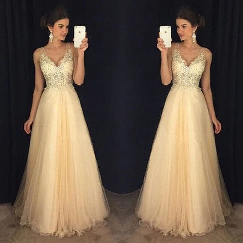 Champagne V-cut Prom Dresses Appliques Clothing Sleeveless Floor Lengths Graduation A-line Backless Formal Party Long Evening
Champagne V-cut Prom Dresses Appliques Clothing Sleeveless Floor Lengths Graduation A-line Backless Formal Party Long Evening