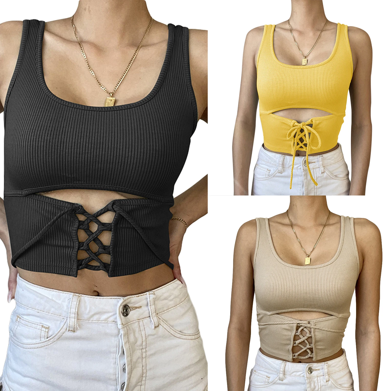 

Women's Scoop Neck Tank Tops Sexy Sleeveless Solid Criss Cross Lace-Up Crop Rib Summer Vest Camis Basic Tube Casual Top Shirt