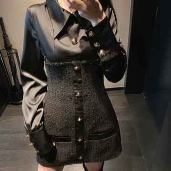High Quality Autumn Long Sleeve Dress Black Gold Button Button Satin Collar Woolen Splicing Office Ladies Women Dress Clothes
High Quality Autumn Long Sleeve Dress Black Gold Button Button Satin Collar Woolen Splicing Office Ladies Women Dress Clothes
