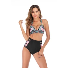 Женский купальник с лямкой через шею, два предмета, Ретро стиль, высокая талия, с рюшами, бикини, купальные костюмы(China)