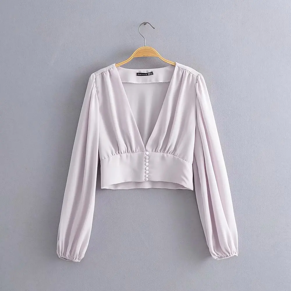 2020 women fashion v neck lantern sleeve solid short blouse shirts retro court femininas chemise pleats blusas tops LS6457 | Женская