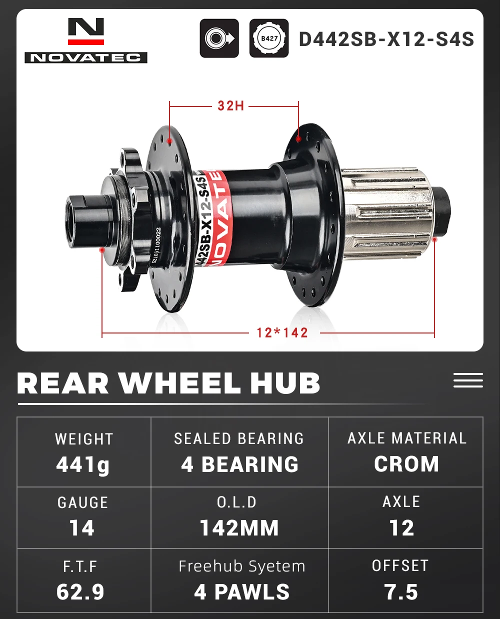 Novatec Bicycle Hub D442 D041 front rear wheel hub 2/4 bearing For 8/9/10/11/12 speed mountain bike hub 32H BOOST THRU 15/12MM Novatec Bicycle Hub D442 D041 front rear wheel hub 2/4 bearing For 8/9/10/11/12 speed mountain bike hub 32H BOOST THRU 15/12MM