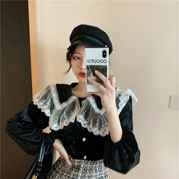 Korea Style 2020 Spring New Blouse Sweet Lace Patchwork Peter Pan Collar Shirt Blusas Velvet Button Full Sleeve Loose Shirt
Korea Style 2020 Spring New Blouse Sweet Lace Patchwork Peter Pan Collar Shirt Blusas Velvet Button Full Sleeve Loose Shirt
