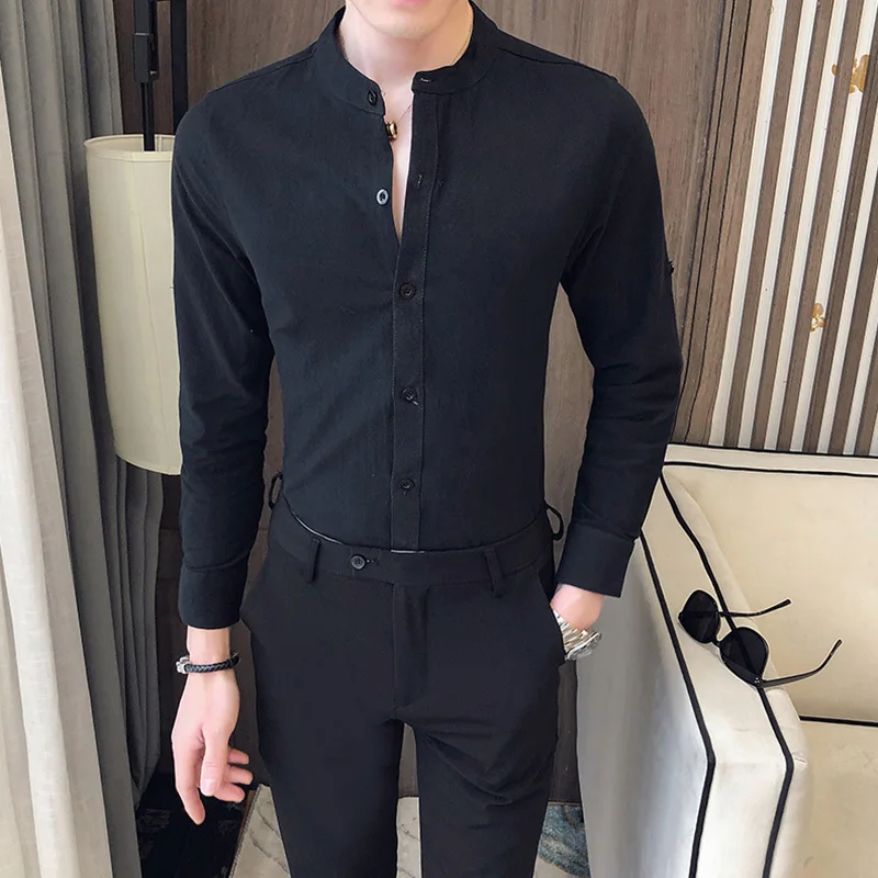 

Slim Spring Casual Fit Dress Shirts Streetwear Social Night Club Clothes Blouse Homme Korean Men Clothes Stand Long Sleeve Shirt