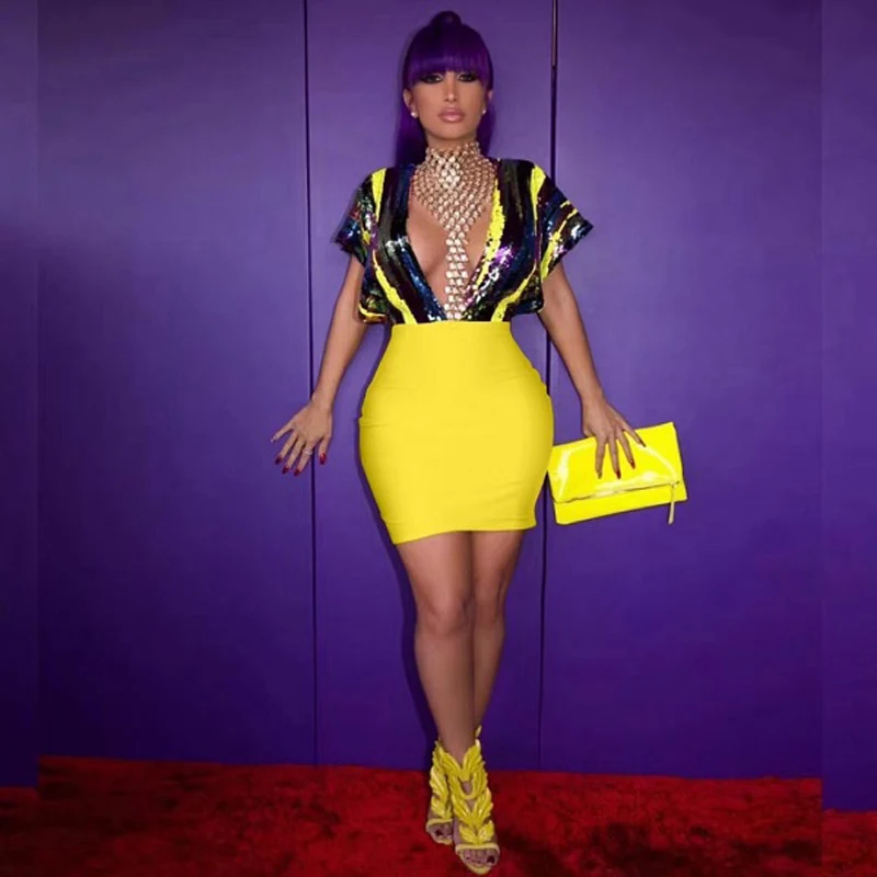 2019 Newest Fashion Sexy Yellow Patchwork Deep V Neck Casual Sequin Dreess Women Mini Bandage Dress Vestidos Wholesale
2019 Newest Fashion Sexy Yellow Patchwork Deep V Neck Casual Sequin Dreess Women Mini Bandage Dress Vestidos Wholesale