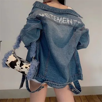 

Top High Quality Vetements Destroyed Skinny Slim Denim Jacket Men Women Streetwear Cowboy Mens Jean Jackets