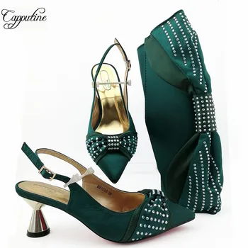 Latest dark green pointed toe sandal shoes and handbag sets for party MM1099, heel height 7 cm
Latest dark green pointed toe sandal shoes and handbag sets for party MM1099, heel height 7 cm