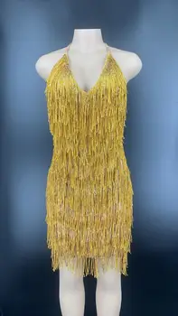 DJ Singer Dance Nightclub Bar Party Stage Performance Costumes Women Golden Dress Sexy Necktie Clingback Short Tassels Dress
DJ Singer Dance Nightclub Bar Party Stage Performance Costumes Women Golden Dress Sexy Necktie Clingback Short Tassels Dress