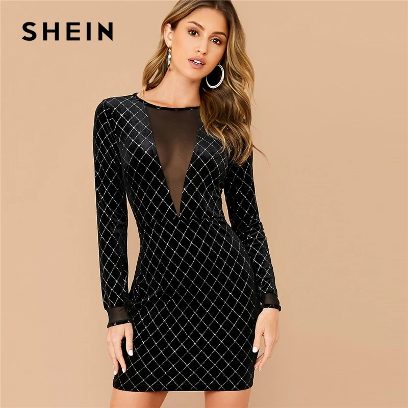 

SHEIN Black Mesh Insert Rhinestone Detail Velvet Dress Women Spring Slim Fit Long Sleeve Glamorous Sexy Bodycon Mini Dresses