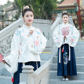 Chinese Ancient Elegant Hanfu Ming Dynasty Pipa Sleeve White Tops Blue Skirt Traditional Festival Classical Dance Hanfu DQL2616
Chinese Ancient Elegant Hanfu Ming Dynasty Pipa Sleeve White Tops Blue Skirt Traditional Festival Classical Dance Hanfu DQL2616
