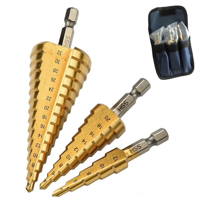3pcs Hss Step Cone Taper Drill Bit Set Hole Cutter Metric 4-12/20/32mm Titanium Coated Metal Hex Bits
3pcs Hss Step Cone Taper Drill Bit Set Hole Cutter Metric 4-12/20/32mm Titanium Coated Metal Hex Bits