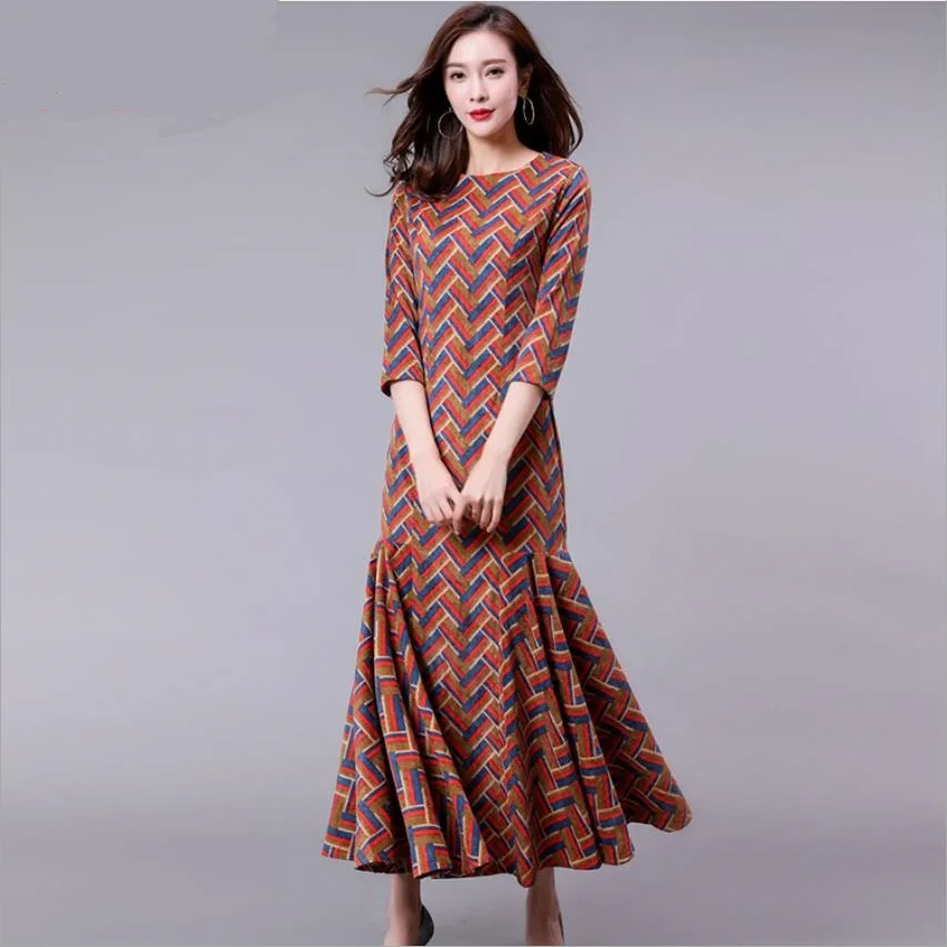 

super long ruffles dress fashion lolita girl printed round neck Dresses female Bohemian ankle length longer vacation dress F1134