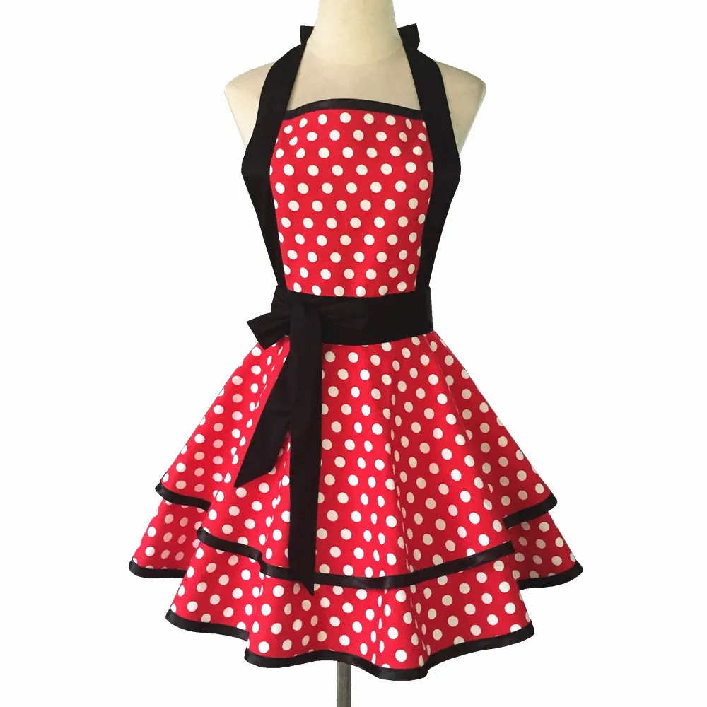 

Cute Vintage Retro White Polka Dot Double Layer Red Cooking Swing Apron with Black Belts Pinafore for Women Girls C1A14