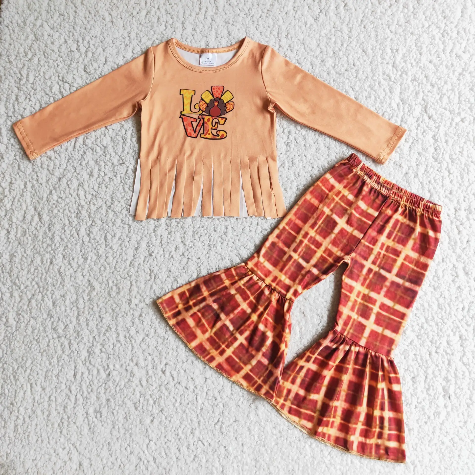 

Thanksgiving Day Baby Girls Wear Outfits Designer Turkey Tasse Tops and Grid Bell Bottoms Sets Boutique Wholesale Kid Outfits