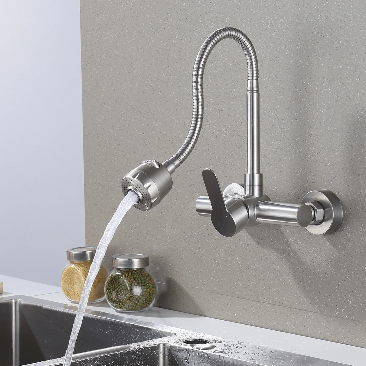 Generic Kitchen Mixers Faucet Wall Mounted Cold & Water Stainless Steel