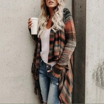 Women Long Cardigan Coat Stripe Poncho Tassels Shawl Loose Sweater Autumn Winter Knitted Female Cardigans Casual Ladies Jackets
Women Long Cardigan Coat Stripe Poncho Tassels Shawl Loose Sweater Autumn Winter Knitted Female Cardigans Casual Ladies Jackets