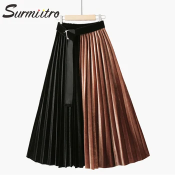Surmiitro Velvet Pleated Midi Skirt Women Autumn Winter 2019 Ladies Korean Black Patchwork High Waist Skirt Female With Belt 
Surmiitro Velvet Pleated Midi Skirt Women Autumn Winter 2019 Ladies Korean Black Patchwork High Waist Skirt Female With Belt