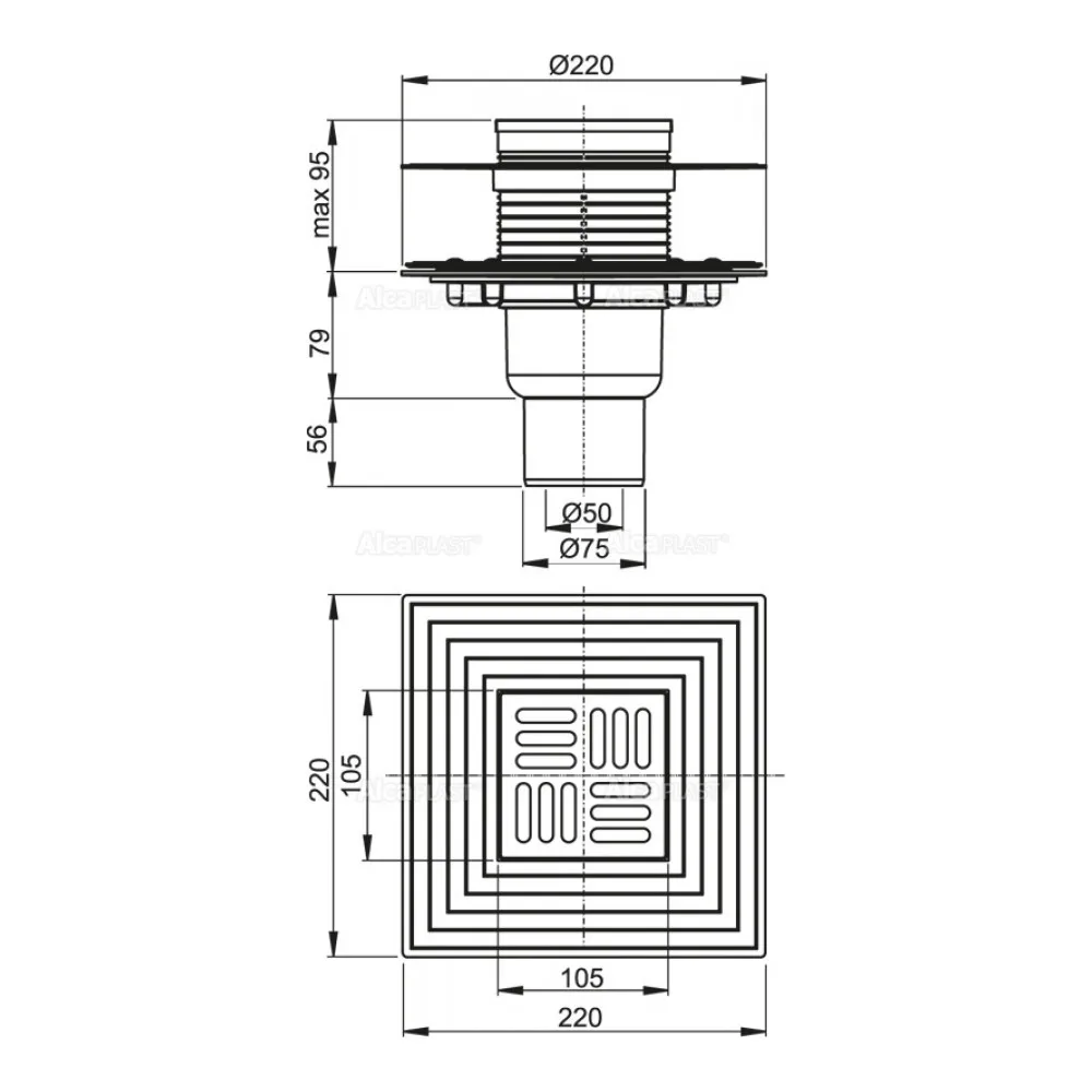Душевой трап AlcaPlast 105х105/50/75 подводка прямая нержавеющая сталь гидрозатвор сухой и