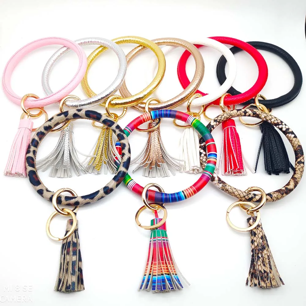 

Bohemia PU Leather Wristlet Keychain bangle Fashion Leopard Snake Gold Silver Large Circle Keyring Tassel Bracelet for Women