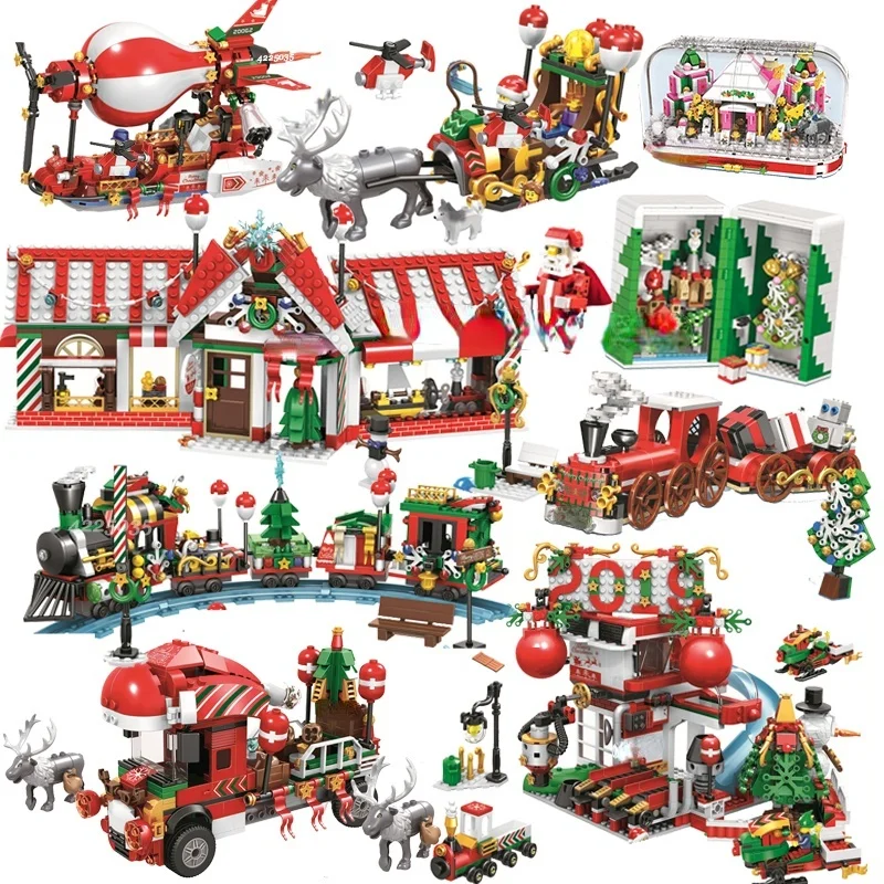 City Train Christmas Winter Village House Santa Gift Set Building Blocks Street View Architecture Bricks Kids Toys Xmas | Игрушки и