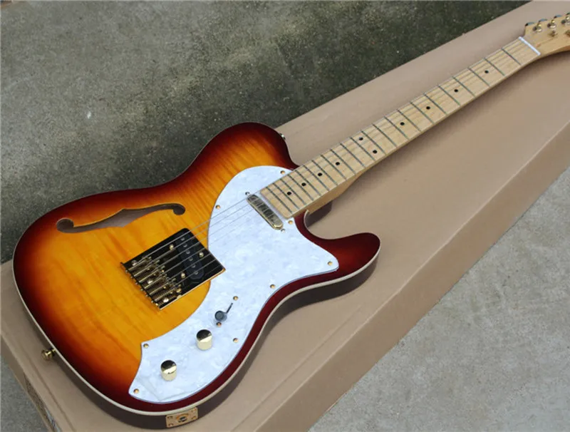 

6-String Semi-hollow Electric Guitar,Tobacco Sunburst Color with Flame Maple Veneer,White Pearl Pickguard,can be Customized