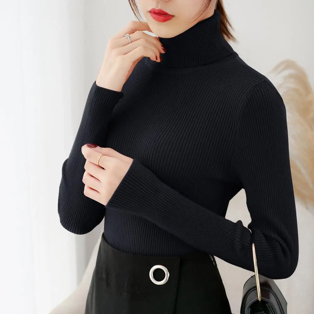 Женский вязаный свитер с высоким воротником пуловер длинным рукавом черный